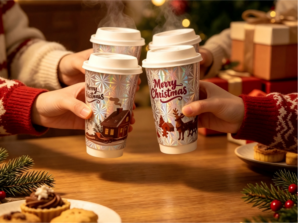 16oz iridescent holographic christmas double wall paper cups with festive prints, served with hot drinks in cozy Christmas indoor scene