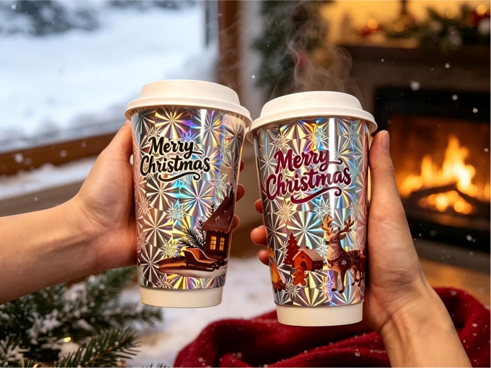 16oz iridescent holographic christmas double wall paper cups with festive prints, served with hot drinks in cozy Christmas indoor scene