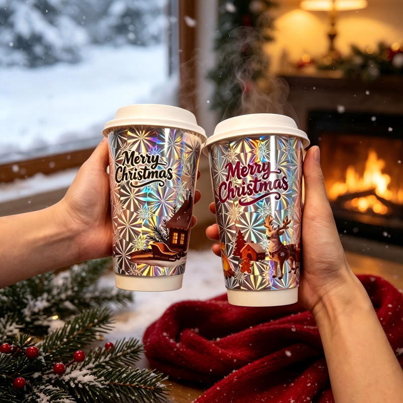 16oz Iridescent Holographic Christmas Double Wall Paper Cup