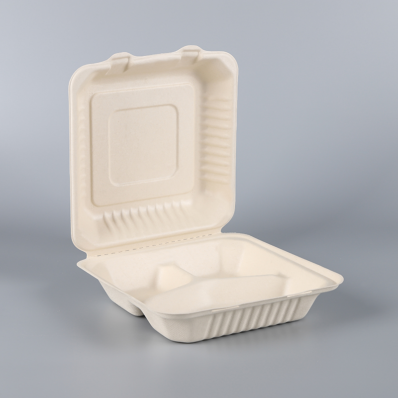 8/9” 3-compartment bagasse clamshell, eco-friendly takeaway tray.
