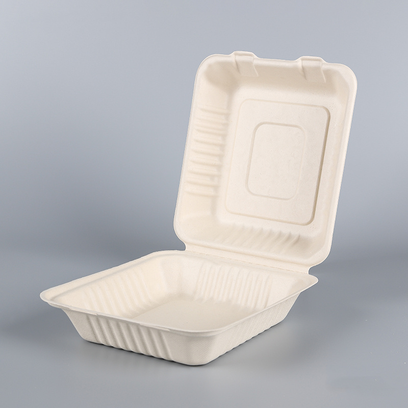 8/9” 3-compartment bagasse clamshell, eco-friendly takeaway tray.