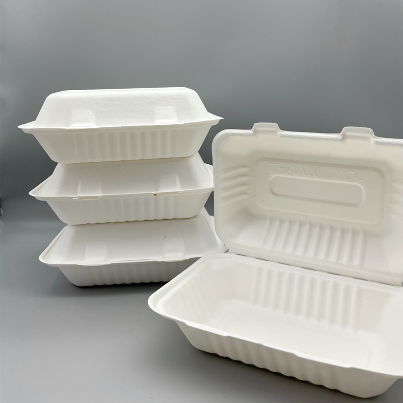 9”x6” bagasse clamshell, compostable for eco-friendly takeout.