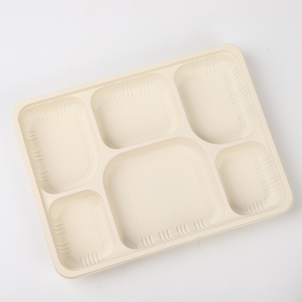 Durable six-compartment cornstarch tray, eco-friendly for takeout and catering.