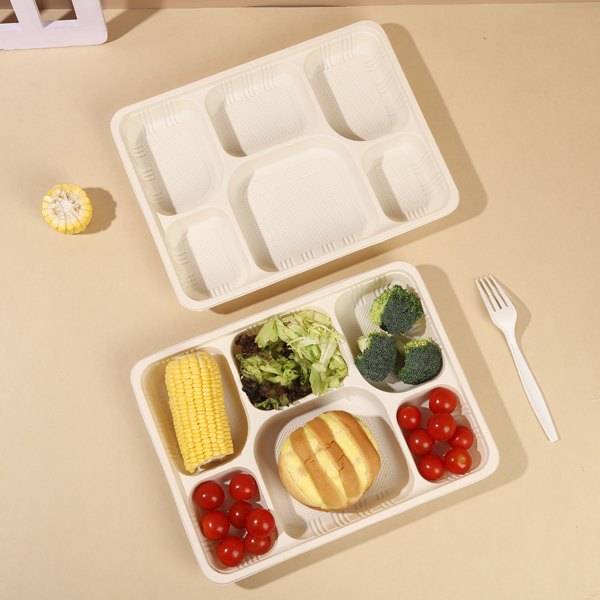 Durable six-compartment cornstarch tray, eco-friendly for takeout and catering.