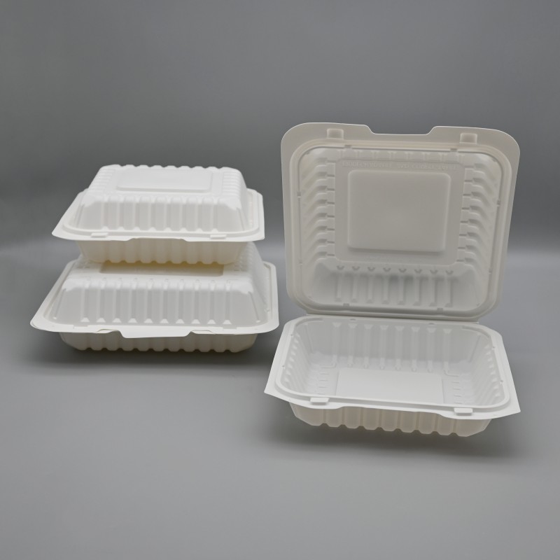 Eco-Friendly Compostable 8 Inch Cornstarch double button Food Clamshell Box