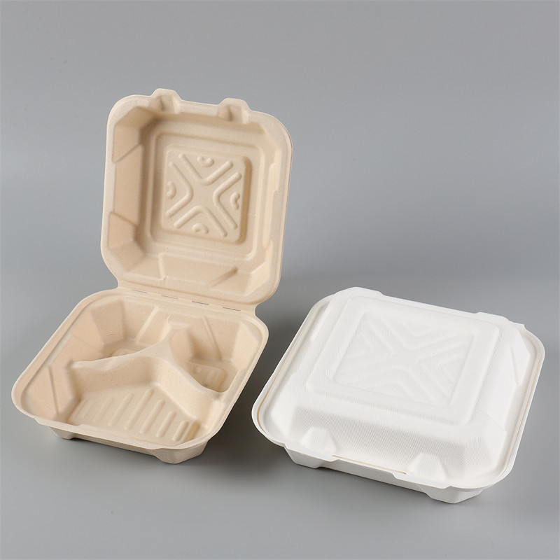 Biodegradable bagasse Pulp 8/9inch 3compartment Clamshell Food container