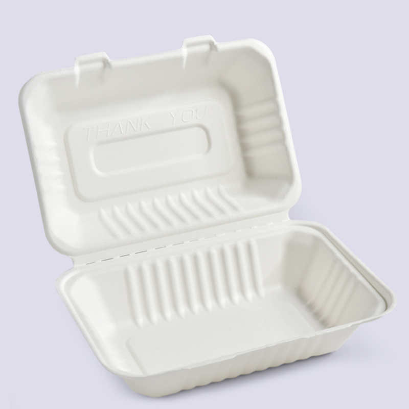 9”x6” bagasse clamshell, compostable for eco-friendly takeout.