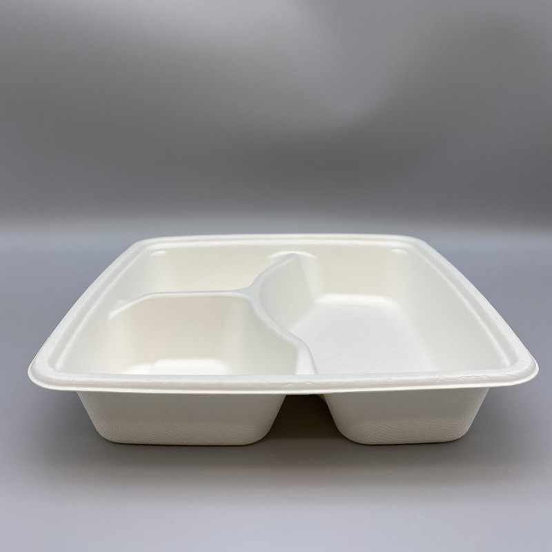 9” 4-compartment sugarcane tray, eco-friendly for takeaway meals.