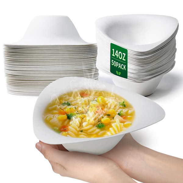 14oz biodegradable triangular bowl, ideal for soup, hot food, and salads