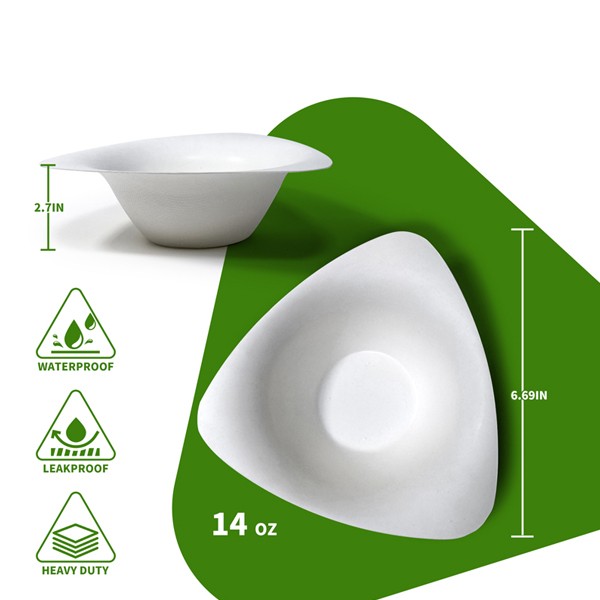 14oz biodegradable triangular bowl, ideal for soup, hot food, and salads.
