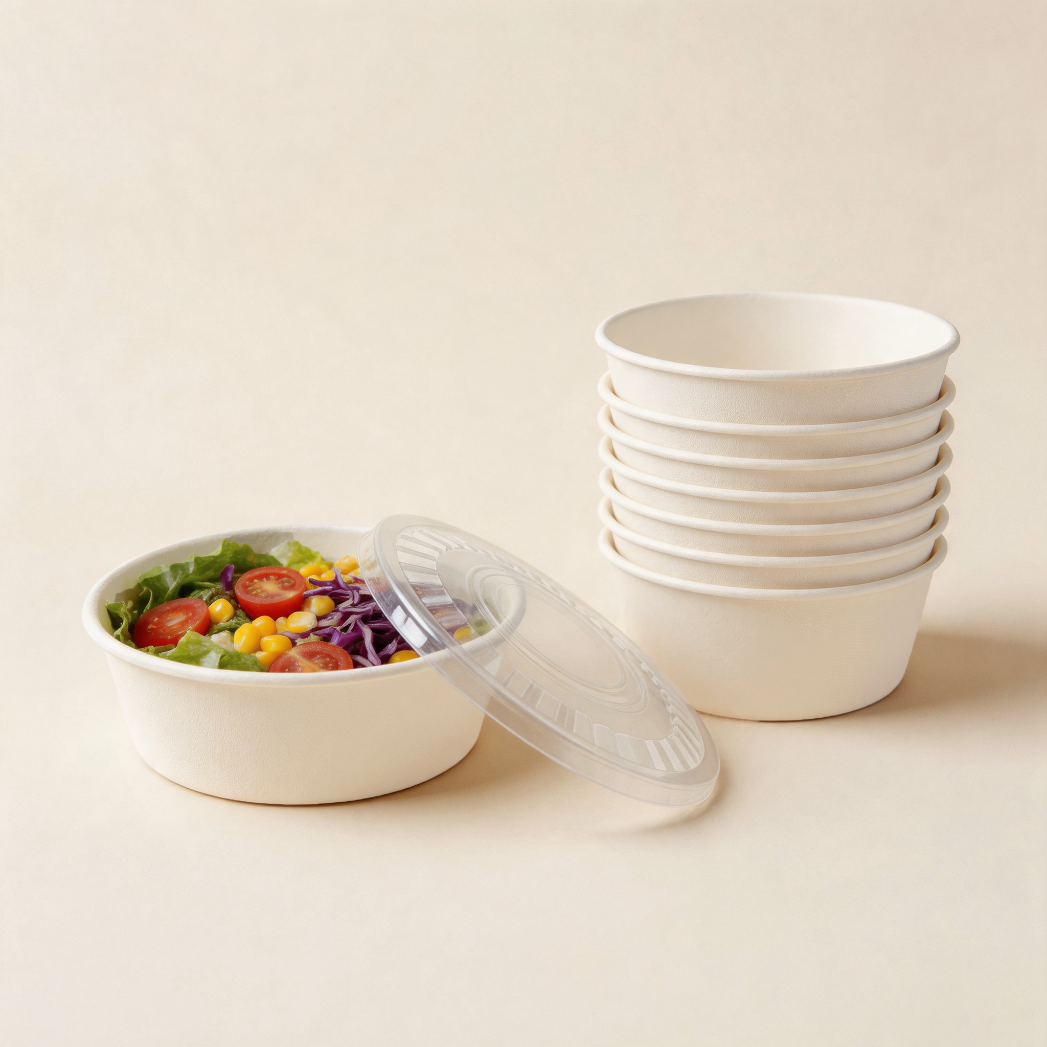 Leak-Proof White Paper Salad Bowls with Lids