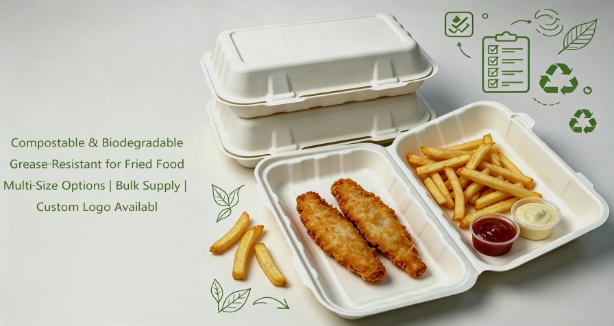 MVI ECOPACK bagasse fish and chips clamshell Big Fish Fillet Box