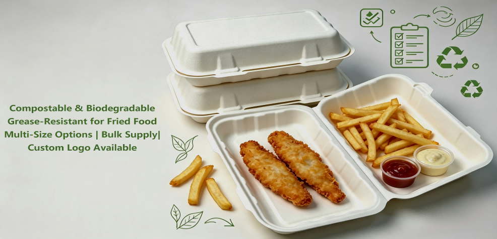 MVI ECOPACK bagasse fish and chips clamshell Big Fish Fillet Box